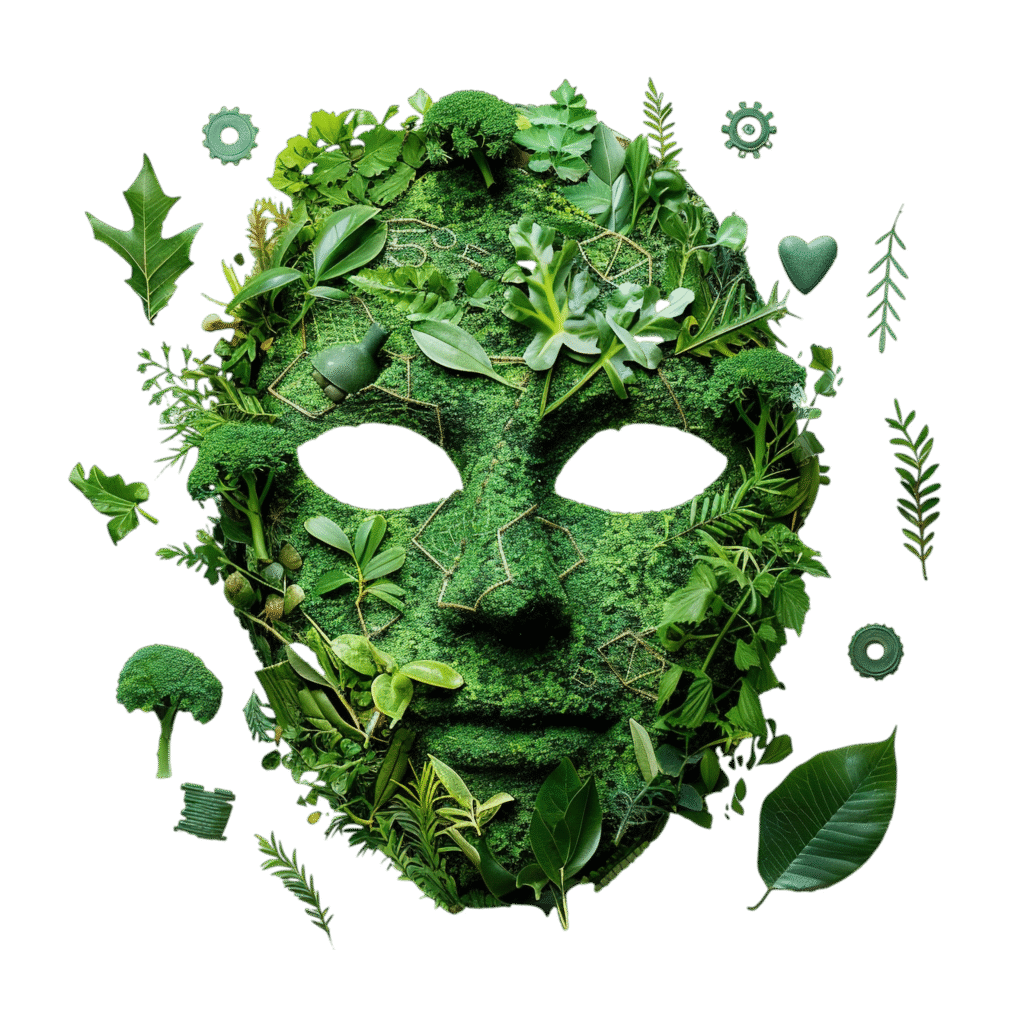 Topeng hijau dari dedaunan ini menjadi simbol greenwashing ketika citra ramah lingkungan hanya menutupi wajah asli industri yang belum benar-benar berkelanjutan.

