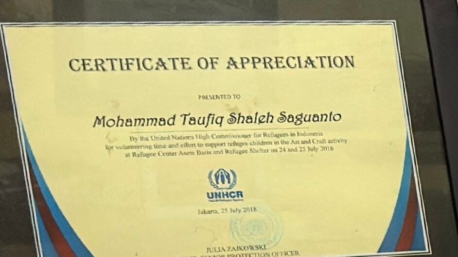 Sertifikat UNHCR Taufiq shaleh Saguanto