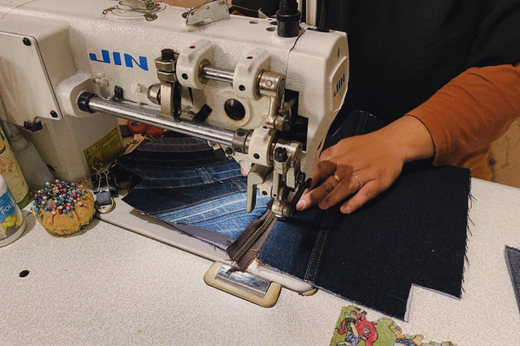 Proses menjahit jeans usang menjadi sebuah tas