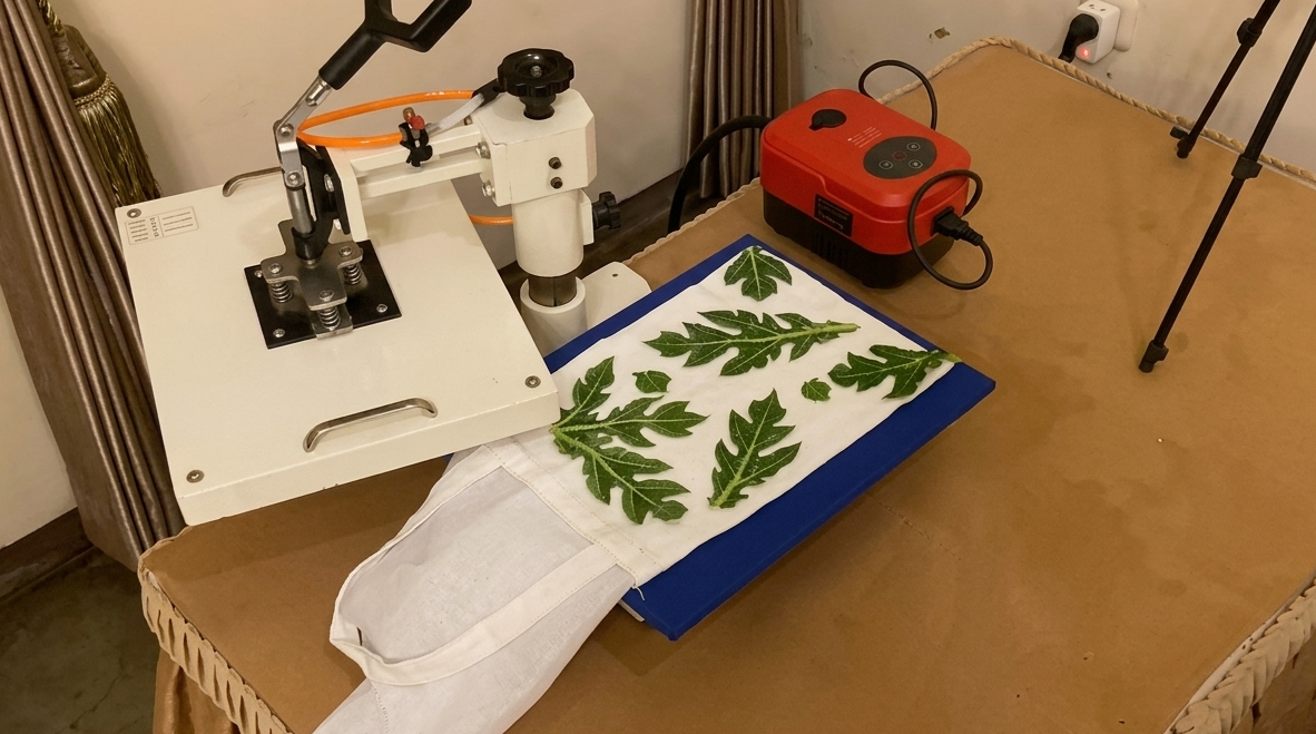 Sebuah alat steam press ecoprint diletakkan di atas meja dengan kain putih dan beberapa daun hijau yang disusun untuk proses pencetakan motif alami pada kain.